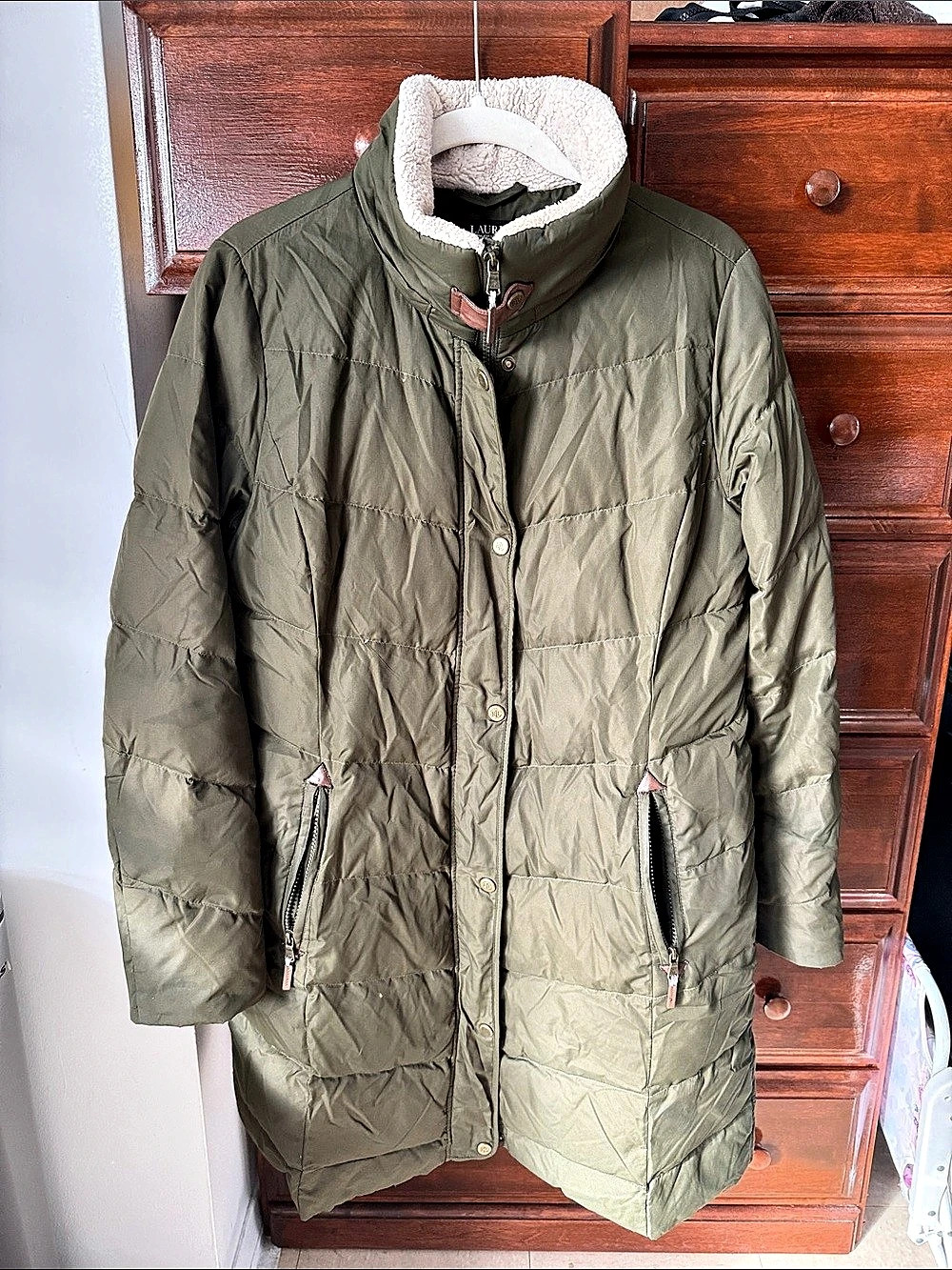 Lauren Ralph Lauren Faux-Sherpa-Collar Quilted Coat Green Medium